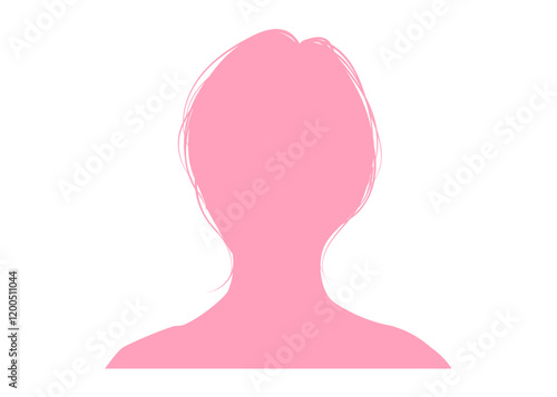 ショートヘアの女性の顔アップのシルエットのイラスト 上半身 正面 ピンク色
