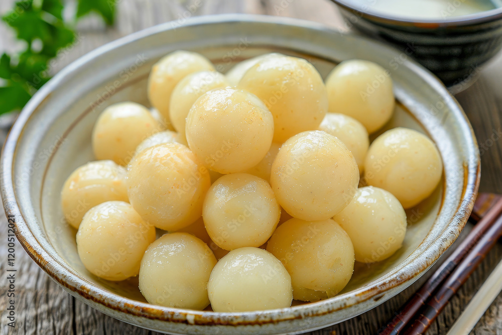 Exquisite Japanese Mochi dessert delicate rice flour balls with berry filling on a traditional dish Exquisite Japanese Mochi dessert delicate rice flour balls with berry filling on a traditional dish