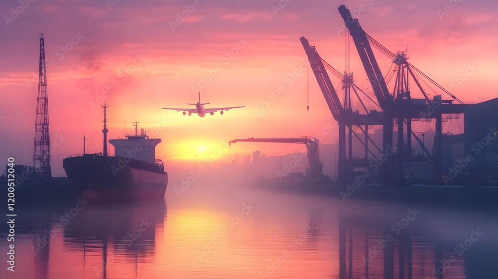 Sunrise over Cargo Ship and Airplane at Harbor Sunrise over Cargo Ship and Airplane at Harbor
