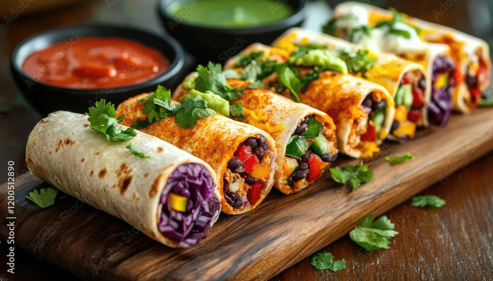 Brightly Colored Burritos Rolled and Placed on a Wooden Platter with Garnishes, Perfect for Eating. Brightly Colored Burritos Rolled and Placed on a Wooden Platter with Garnishes, Perfect for Eating.