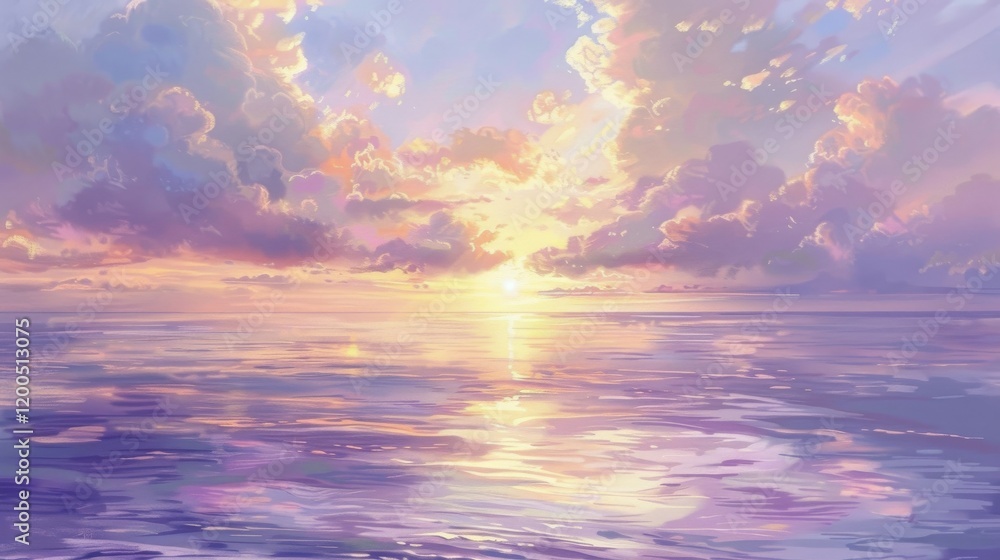 Fototapeta premium Soft pastel yellow and lavender clouds hovering over a serene ocean during sunset, casting beautiful reflections on the water