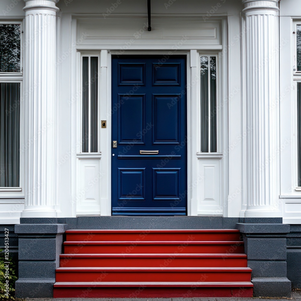 Fototapeta premium a navy blue front door with red steps and symmetrical greenery, framed by a white facade and outdoor wall lights