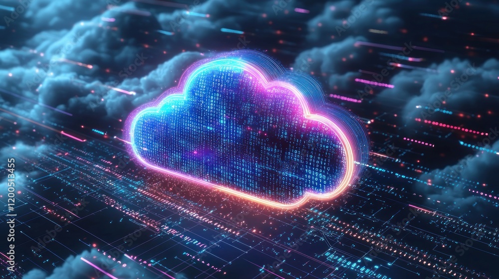 Digital Cloud Icon with Binary Code in Cyberpunk Style - Cloud Computing and Storage Concept Digital Cloud Icon with Binary Code in Cyberpunk Style - Cloud Computing and Storage Concept