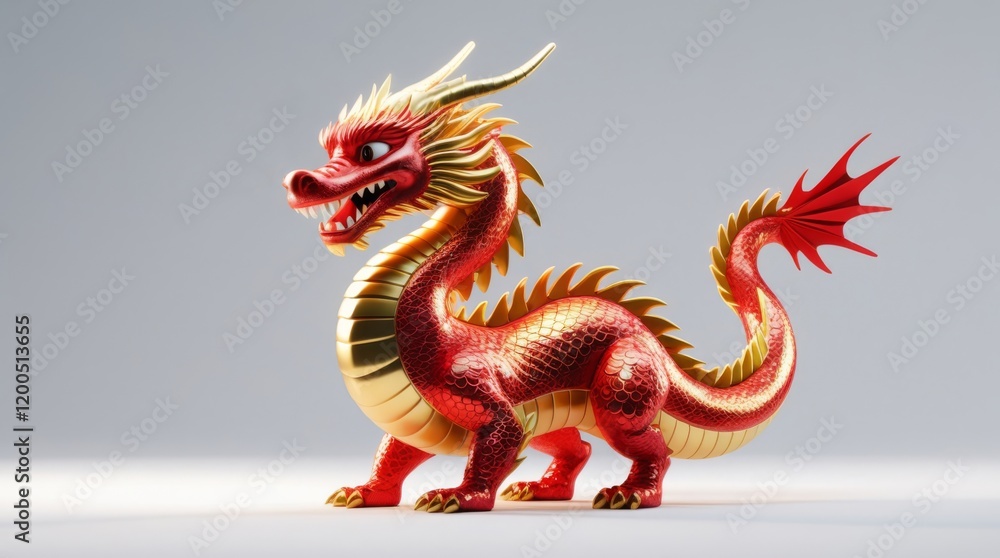Fototapeta premium Red Chinese Dragon on white background. Cute 3d figure of red and gold Dragon. Symbol of Lunar new year.