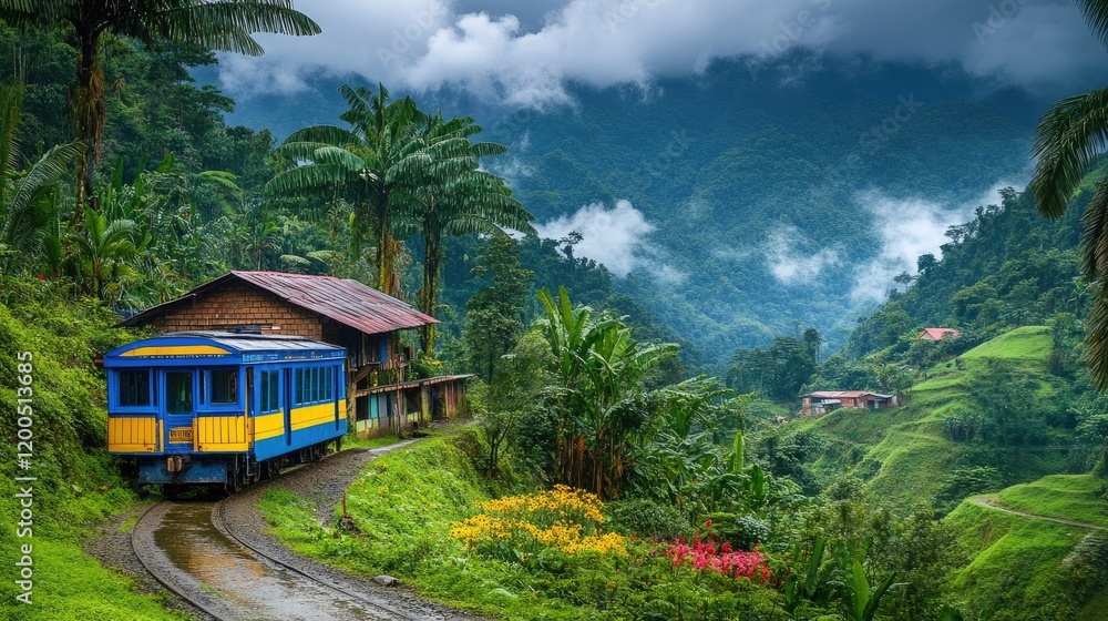 Train journey through lush green mountains Train journey through lush green mountains
