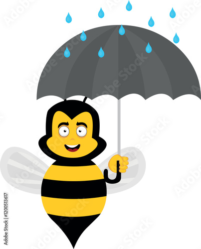 vector illustration character bug bee cartoon, on a rainy day with an umbrella and raindrops falling