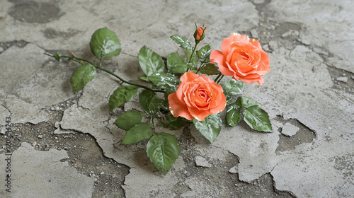 Oversized roses wrapped in metallic ribbons sprouting from a cracked concrete floor, hinting at nature reclaiming space  photo