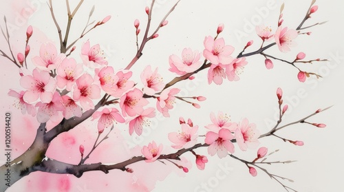 Watercolor illustration of blooming sakura on white background. Pink cherry flower buds. Design template for invitations, posters, fabrics