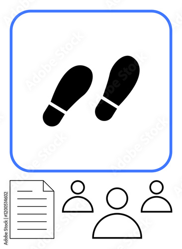 Black footsteps signify steps or process while figures and document imply teamwork, instruction, or planning. Ideal for training, guidance, navigation, workflow, teamwork, strategy abstract line