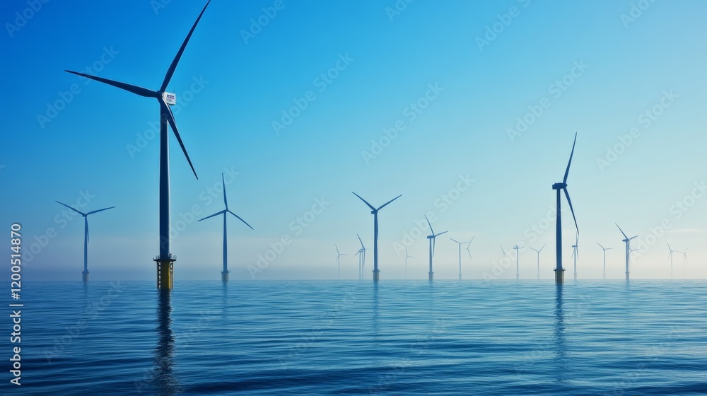 An expansive offshore wind farm with rows of turbines generating renewable energy from ocean winds, Offshore wind farm scene, Sustainable power style An expansive offshore wind farm with rows of turbines generating renewable energy from ocean winds, Offshore wind farm scene, Sustainable power style