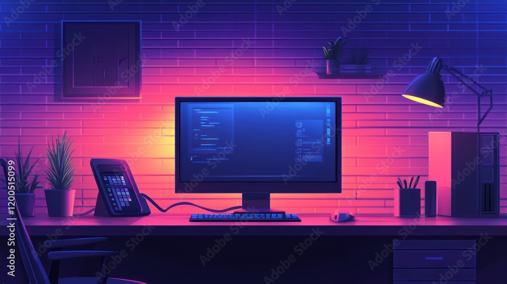 Night programmer workspace with computer, desk, and plants. Night programmer workspace with computer, desk, and plants.