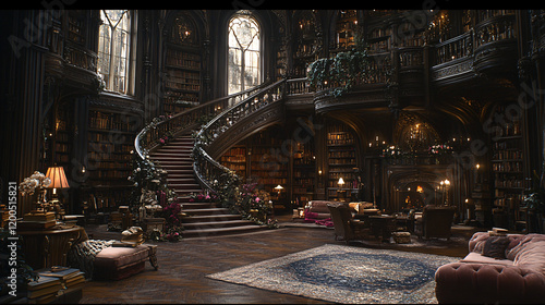 Timeless library with towering bookshelves, spiral staircases, and softly glowing lanterns illuminating dusty tomes  photo