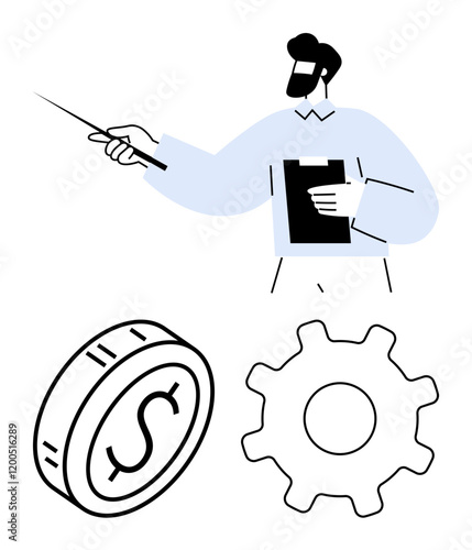 Wallpaper Mural Person with clipboard gesturing with a pointer near coin and gear icons. Ideal for finance, management, team planning, leadership, consulting, workflow systems, abstract line flat metaphor Torontodigital.ca
