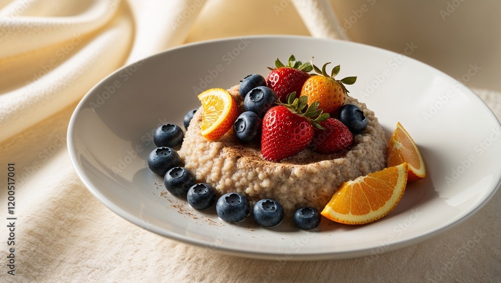 Rye porridge with fresh fruits and cinnamon on plate Rye porridge with fresh fruits and cinnamon on plate