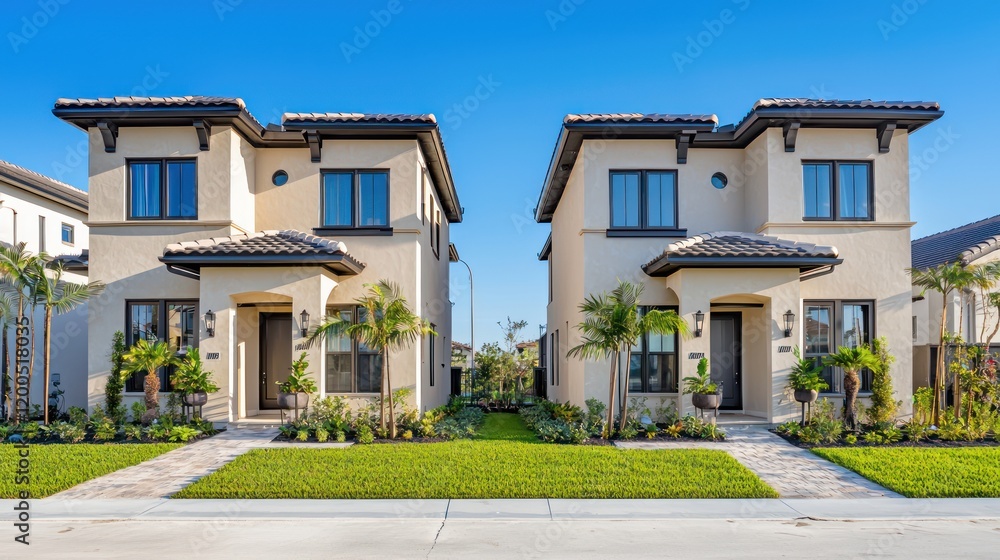 A pair of townhouses with beige stucco walls and charcoal roofs, set against a clear blue sky A pair of townhouses with beige stucco walls and charcoal roofs, set against a clear blue sky