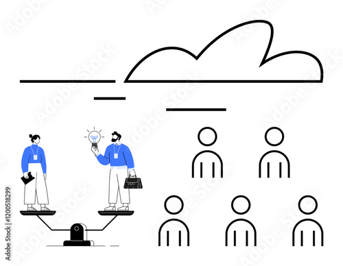 Two people exchanging ideas while standing on a platform, six more people in a group, cloud and lines. Ideal for teamwork, collaboration, brainstorming, innovation, project planning, networking