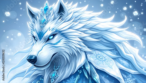 Majestic Ice Wolf with Glowing Blue Eyes Surrounded by Snowflakes and Winter Magic