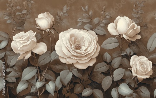 Vintage Floral Wallpaper with Roses and Foliage Botanical Art in Grunge Style for Home Decor photo