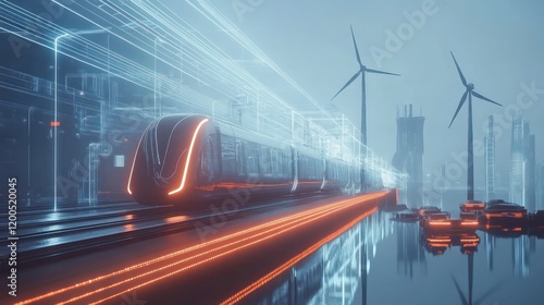 futuristic electric train traveling on illuminated tracks surrounded by wind turbines and modern infrastructure showcasing renewable energy integration