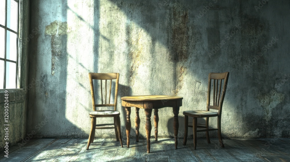 Sunlit abandoned room with old wooden table and chairs.