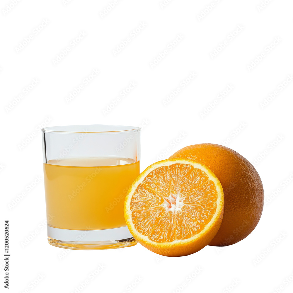 Freshly squeezed orange juice with a whole orange and a slice on a clean transparent background, Fresh orange and glass with juice on transparent background Freshly squeezed orange juice with a whole orange and a slice on a clean transparent background, Fresh orange and glass with juice on transparent background