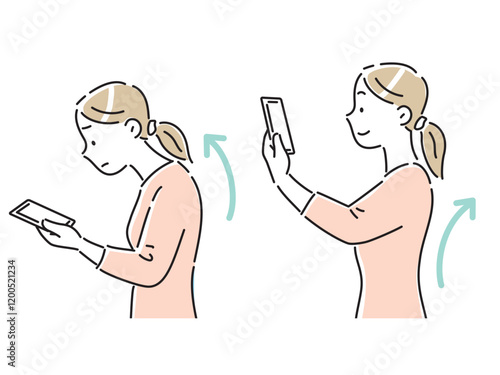 良い姿勢と悪い姿勢でスマホの画面を見る若い女性のイラストセット