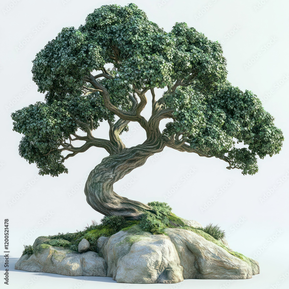 a lush green tree with intricate roots and dense foliage, standing alone on a white background showcasing natural beauty and detail a lush green tree with intricate roots and dense foliage, standing alone on a white background showcasing natural beauty and detail