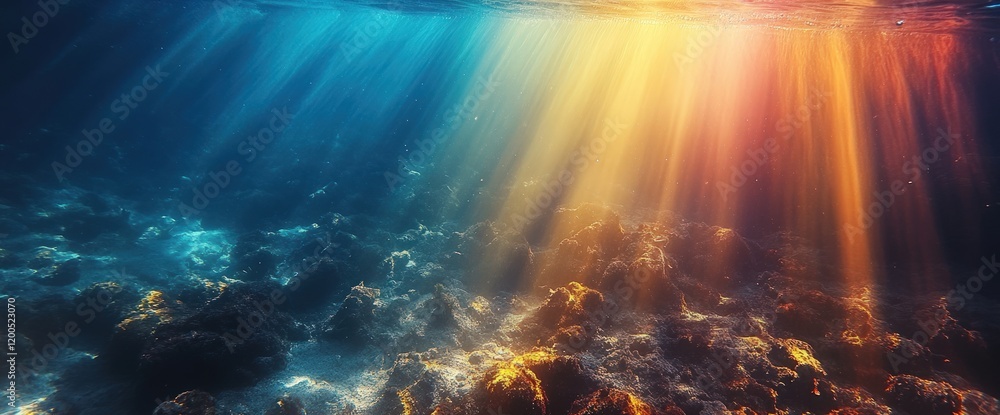 Fototapeta premium Underwater sunbeams illuminate seabed rocks. Ocean floor scene. Nature background