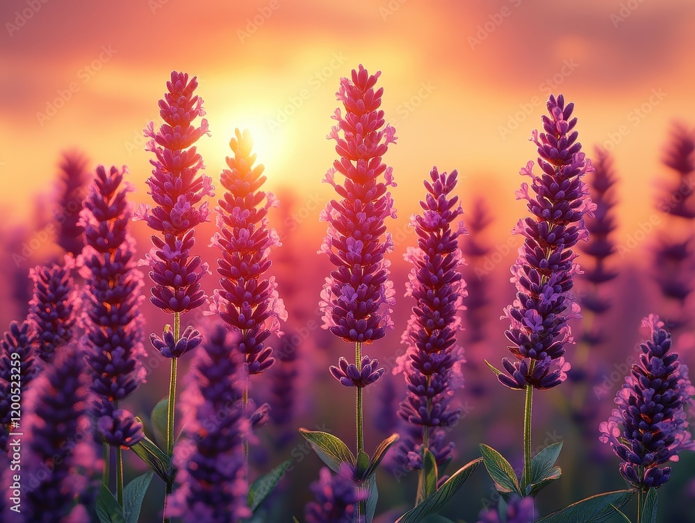 Obraz premium A vibrant field of lavender flowers at sunset, showcasing nature's beauty.