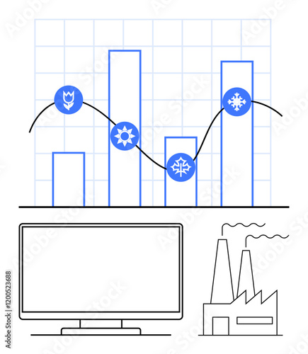 Bar graph with seasonal icons, line chart overlaid. Includes a computer monitor and factory silhouette. Ideal for business analysis, seasonal trends, data visualization, industry reports