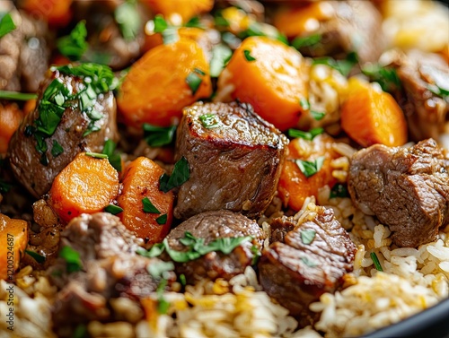 Lamb stew with carrots and rice, close-up shot, food photography, recipe illustration photo