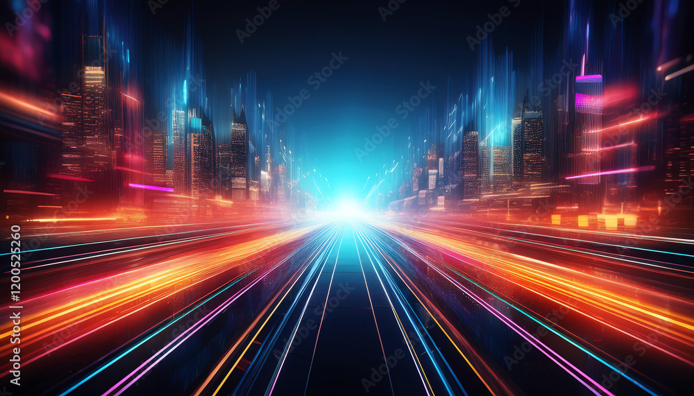 A vibrant, futuristic city scene with streaks of light representing speed and motion against a dark, illuminated skyline. A vibrant, futuristic city scene with streaks of light representing speed and motion against a dark, illuminated skyline.