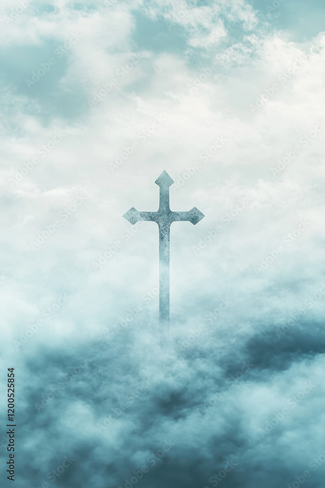 A solitary stone cross emerges through dense, ethereal clouds under a serene sky, symbolizing hope and spiritual tranquility. A solitary stone cross emerges through dense, ethereal clouds under a serene sky, symbolizing hope and spiritual tranquility.