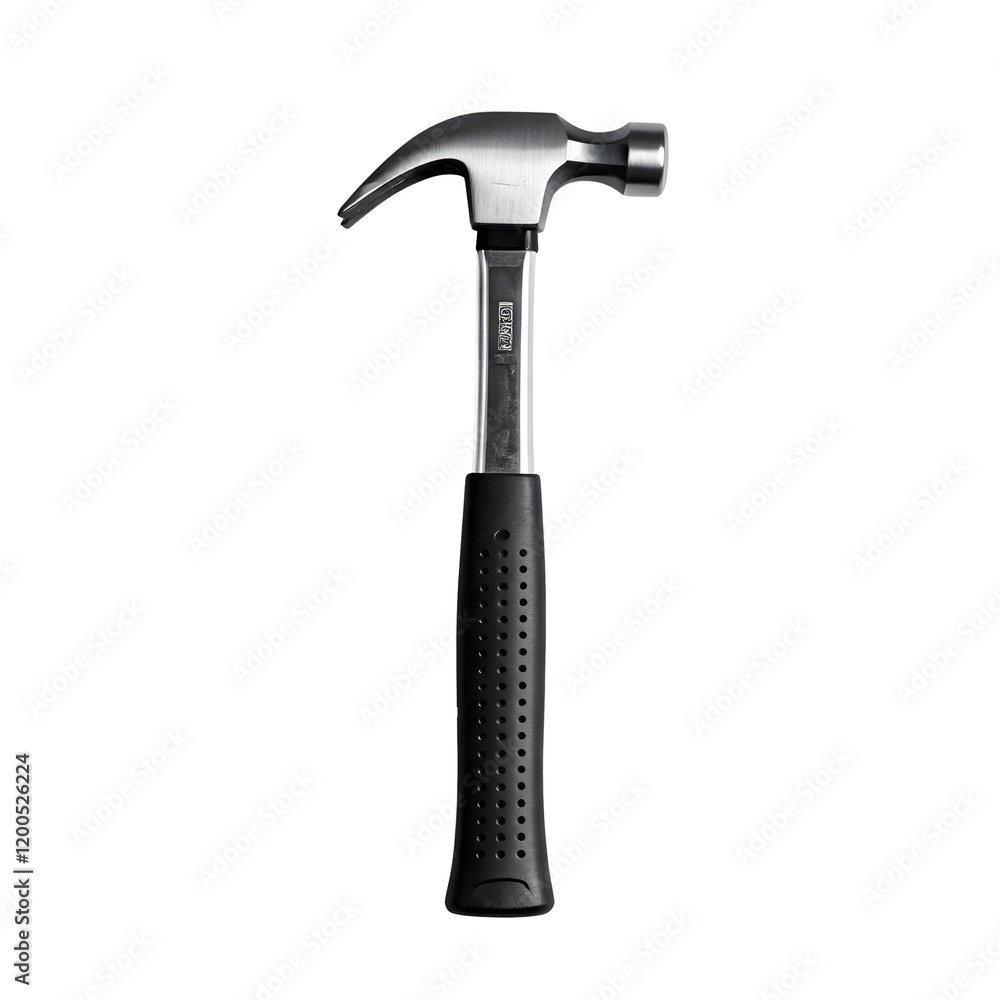 Hammer with black plastic handle on a transparent background. 