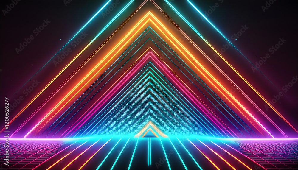 Fototapeta premium A vibrant, futuristic design featuring colorful neon lights arranged in triangular patterns against a dark background.