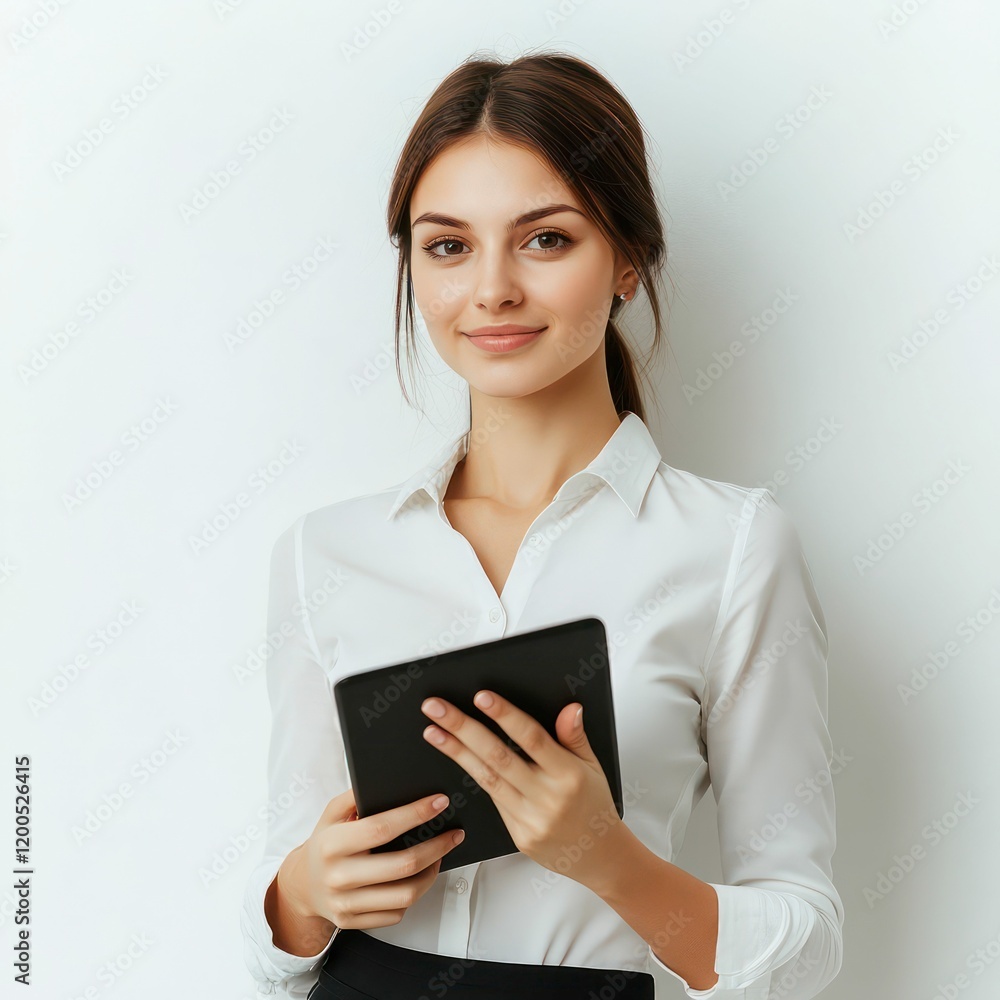 A professional consultant in formal attire holds a tablet, looking at the camera with a slight smile against a white background.