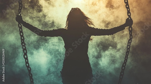 Silhouetted woman holding chains, dramatic smoky background, outdoor scene, empowerment theme