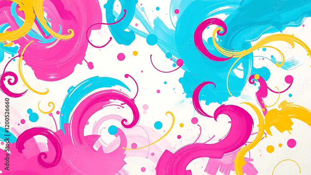 Dynamic abstract artwork with flowing paint strokes and playful dots on white Dynamic abstract artwork with flowing paint strokes and playful dots on white