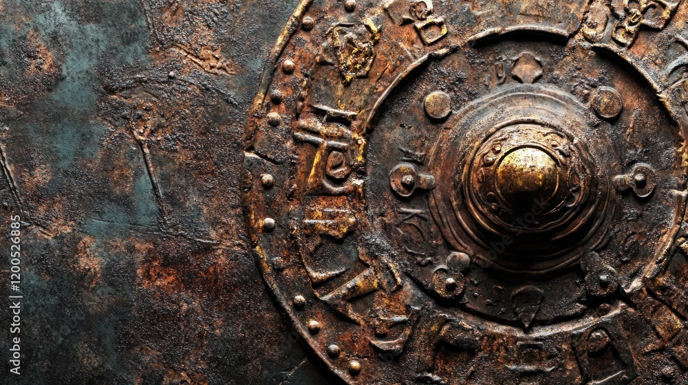 Naklejka premium Ancient Rusty Shield with Intricate Details