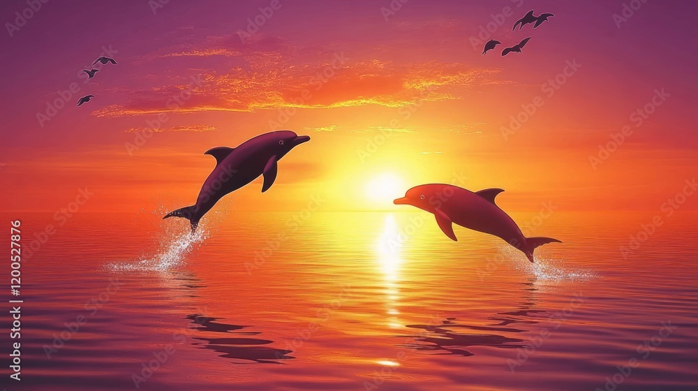Two dolphins leaping at sunset, ocean, birds. Two dolphins leaping at sunset, ocean, birds.