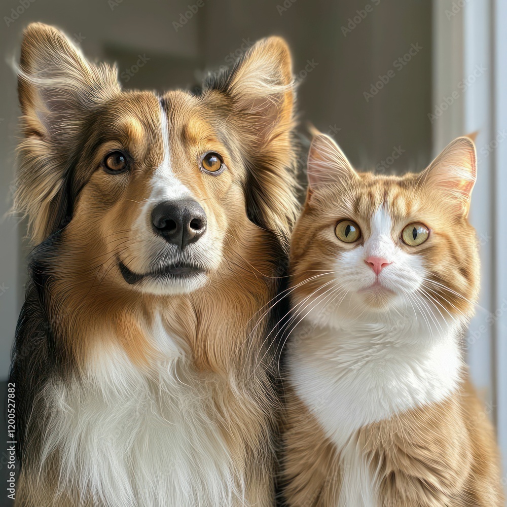 Close-up of a cat and dog together, showcasing their expressive faces, distinct fur patterns, and a bond of companionship. Close-up of a cat and dog together, showcasing their expressive faces, distinct fur patterns, and a bond of companionship.
