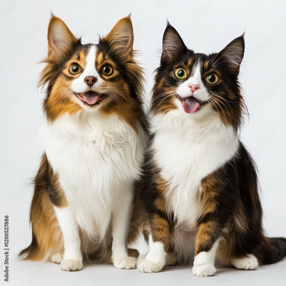 Close-up of a cat and dog together, showcasing their expressive faces, distinct fur patterns, and a bond of companionship. Close-up of a cat and dog together, showcasing their expressive faces, distinct fur patterns, and a bond of companionship.
