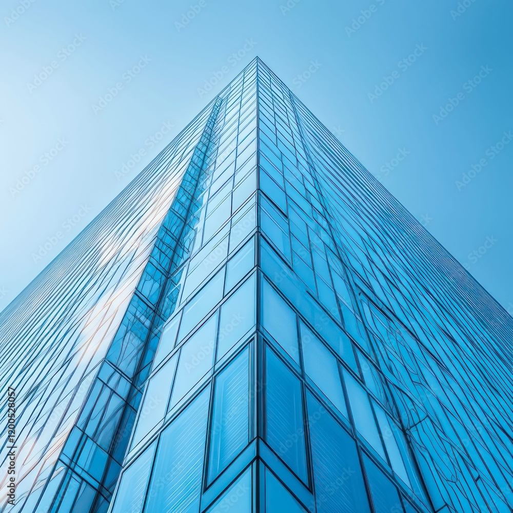 Skyscraper with blue glass facade, illuminated windows, reflecting city lights, showcasing modern architecture, urban sophistication, and vertical design.