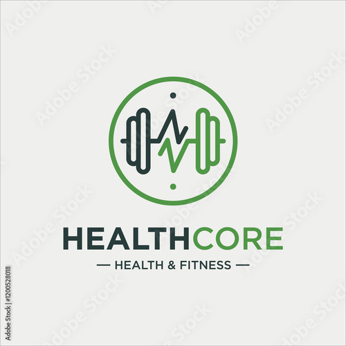 Minimalist fitness logo with a barbell and heartbeat in a circle. Ideal for gyms, wellness centers, or health apps, combining strength, balance, and a fresh green-black color scheme.