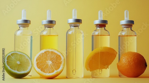 Five citrus essential oil bottles with lime, lemon, and orange slices on yellow background.