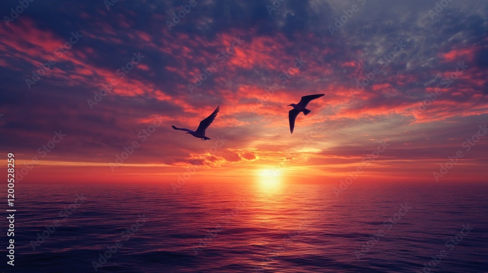 Fototapeta premium Two birds flying over ocean sunset.