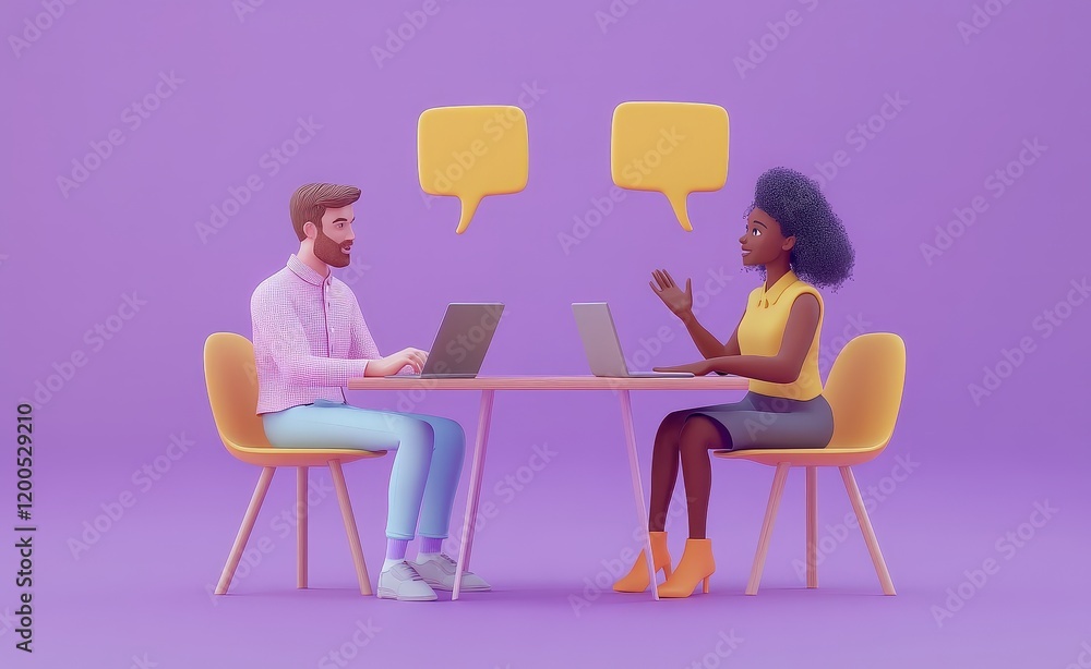 Fototapeta premium Collaborative Teamwork: A 3D Render of Two Professionals Engaging in a Productive Discussion Using Laptops