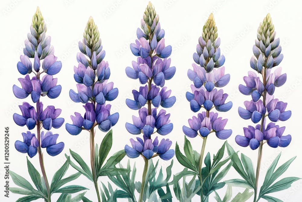 Obraz premium A watercolor illustration of vibrant purple lupine flowers in a natural arrangement.