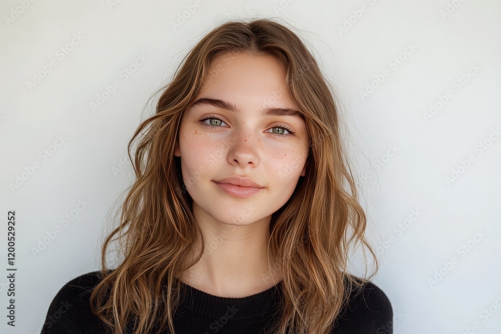 Portrait of a Young Woman with Freckles and Wavy Hair Against a Neutral Background - Ideal for Fashion and Lifestyle Content Portrait of a Young Woman with Freckles and Wavy Hair Against a Neutral Background - Ideal for Fashion and Lifestyle Content