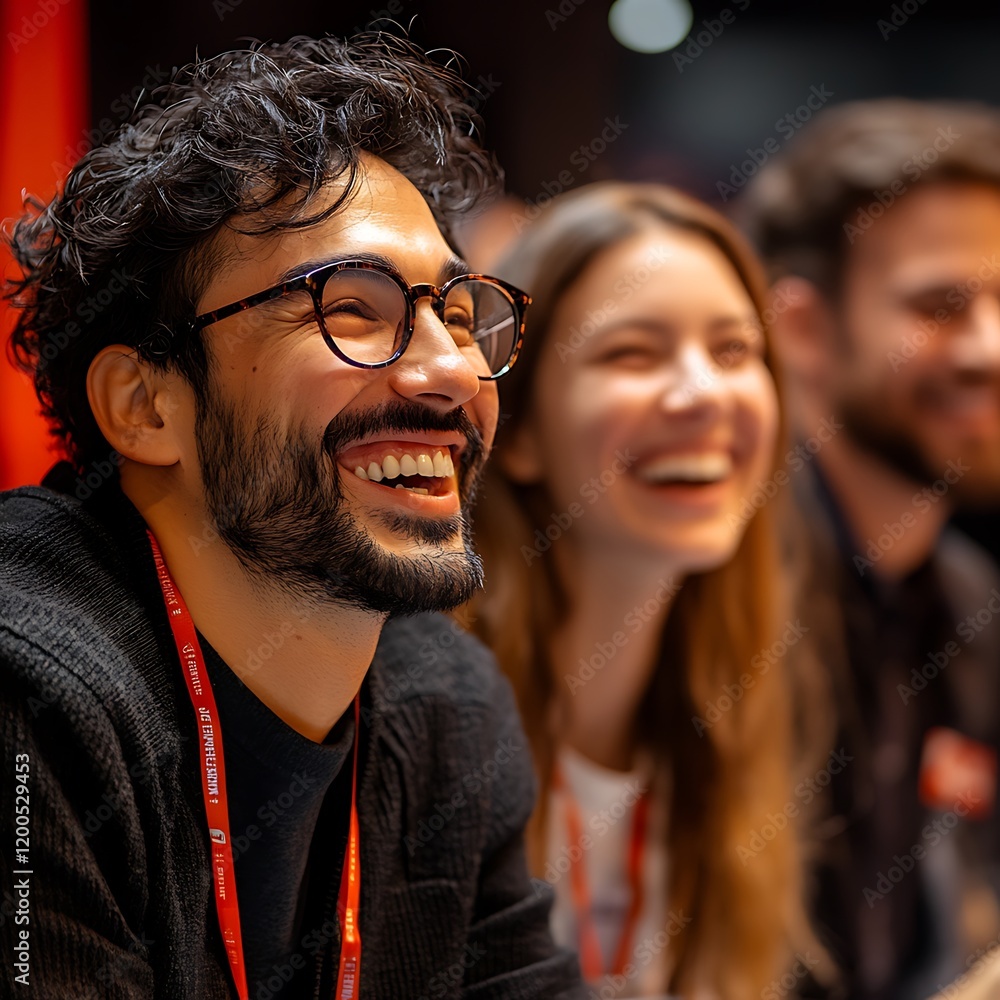 a close-up of a cheerful group of staff and attendees, engaged and laughing while listening to a startup business owner at an exhibition event. a close-up of a cheerful group of staff and attendees, engaged and laughing while listening to a startup business owner at an exhibition event.